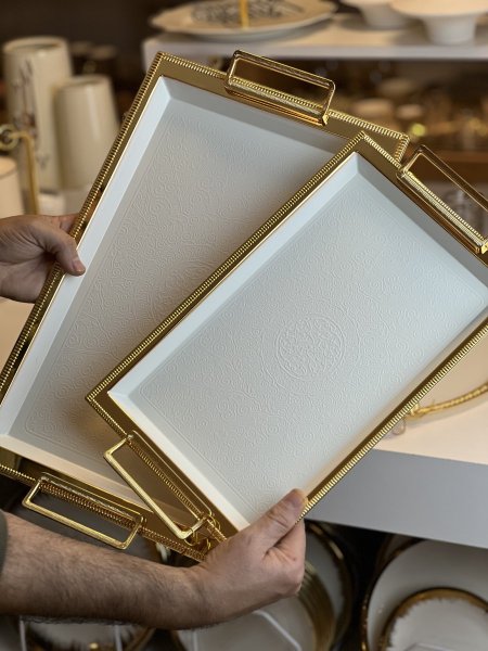 طقم صواني ابيض دهبي مستطيل