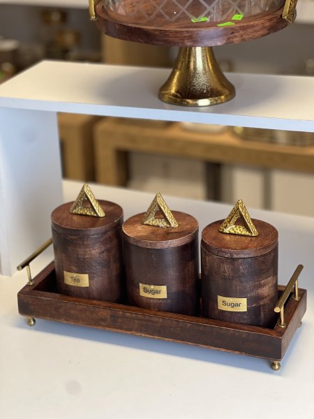 طقم سكريات خشب مع ستاند يد معدن