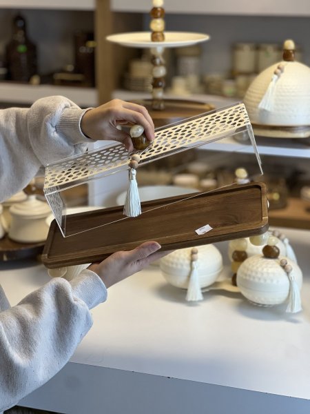 مضيفة مستطيل خشب غطاء اكريلك احجار كريمة