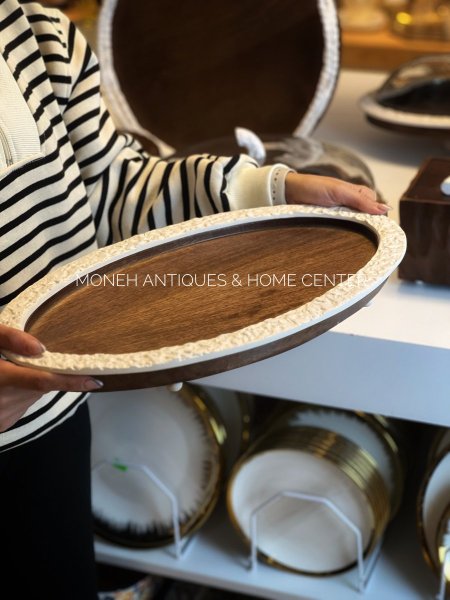 صينية بيضاوي خشبي اطار ابيض هندي