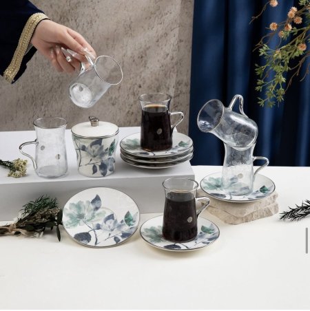 طقم استكانة شاي وسكرية 13 قطعة  من مارسيليا ازرق فضي