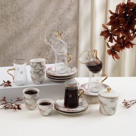 طقم استكانات الشاي والقهوة العربية 19 قطعة من خزامة - أحمر و ذهبي