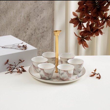 طقم قهوة عربية مع ستاند 7 قطع من خزامة - أحمر و ذهبي