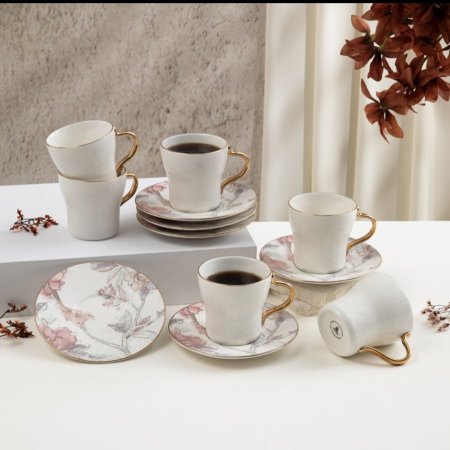 طقم أكواب شاي بورسلان 12 قطعة من خزامة - أحمر و ذهبي