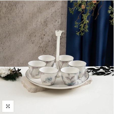 طقم قهوة عربية مع ستاند 7 قطع من خزامة - أزرق وفضي