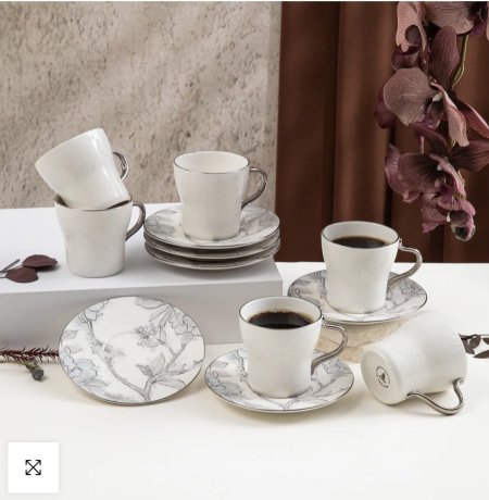 طقم أكواب شاي بورسلان 12 قطعة من خزامة - رمادي وفضي