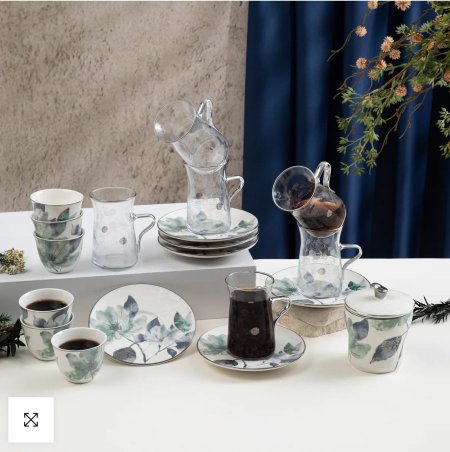 طقم استكانة شاي وسادة ١٩ قطعة وسكرية  ماريسيلا - أزرق وفضي