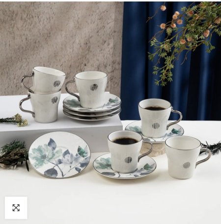 طقم أكواب شاي / قهوة بورسلان 12 قطعة من ماريسيلا - ازرق وفضي