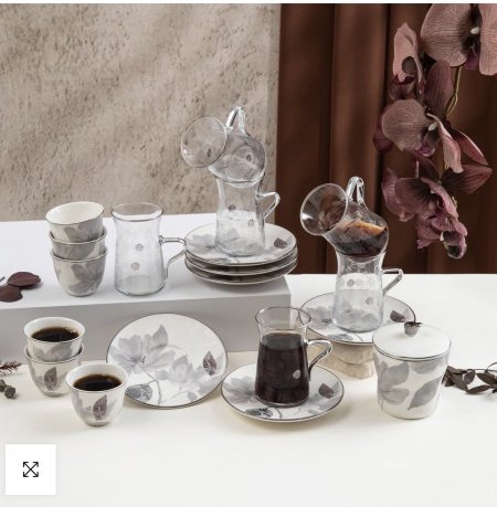 طقم استكانات الشاي والقهوة العربية 19 قطعة من ماريسيلا - رمادي وفضي