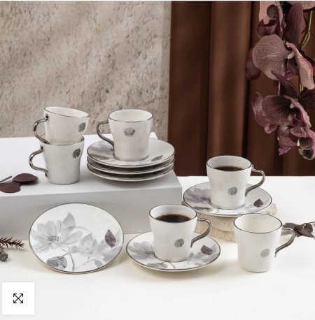 طقم فناجين  قهوة/ شاي  6 فناجين+ 6 صحون قطعة من مارسيليا - رمادي وفضي