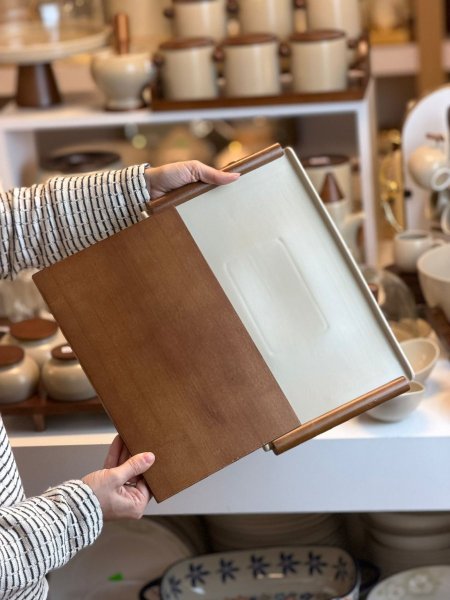 صينية تقديم بورسلان وخشب بامبو