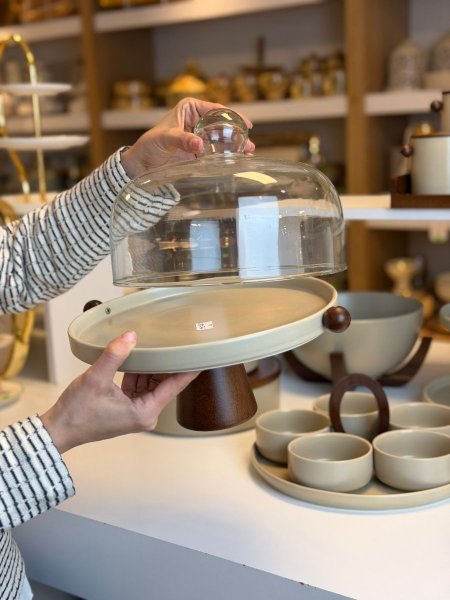 جاط ضيافة برجل بورسلان وبامبو غطاء زجاج