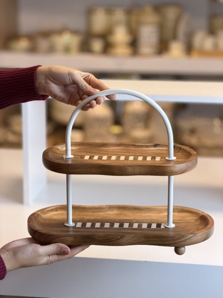 ستاند ضيافة طبقتين خشب هندي مخطط