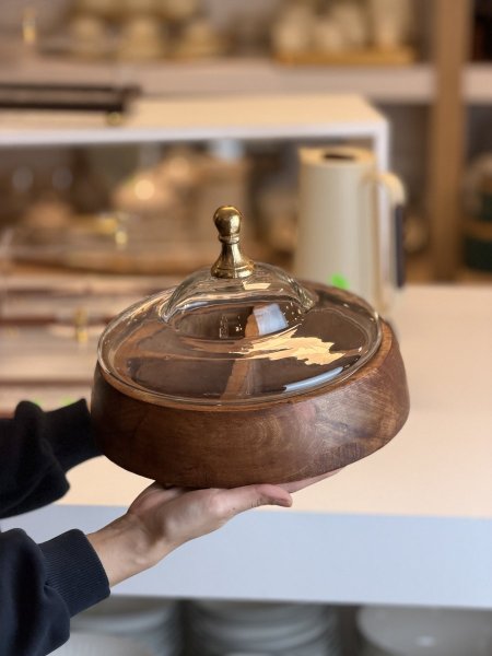 مضيفة مدور خشب مقطع غطاء زجاجي