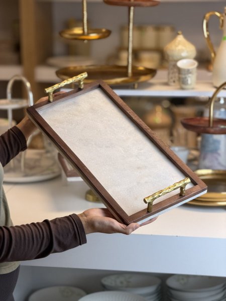 صنية رخام مستطيل اطار خشبي