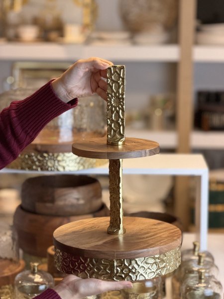 حمالة تقديم طبقتين خشب هندي