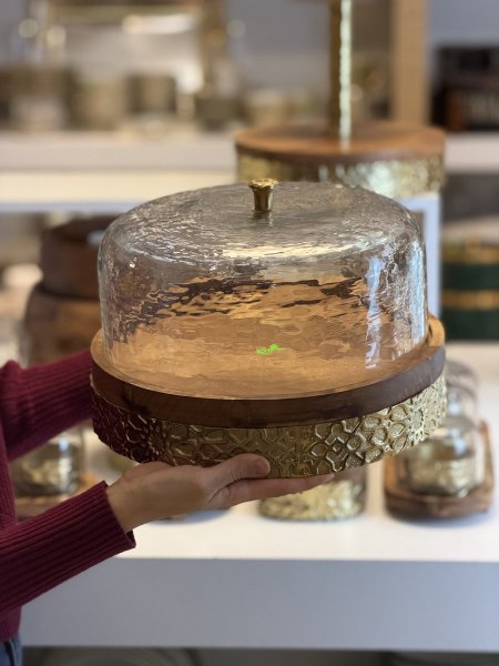 مضيفة خشب مع غطاء زجاج كبير قاعدة معدن اندلسي