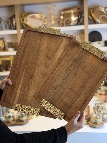 طقم صواني خشب هندي /٢ يد معدن اندلشي