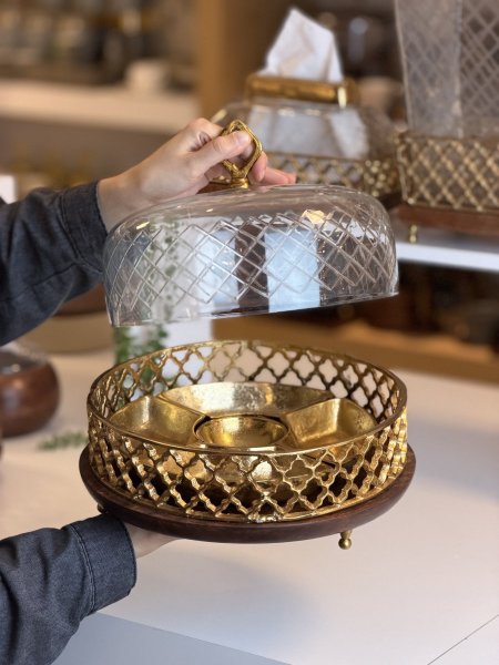 مضيفة مع صحون هندي مشبك