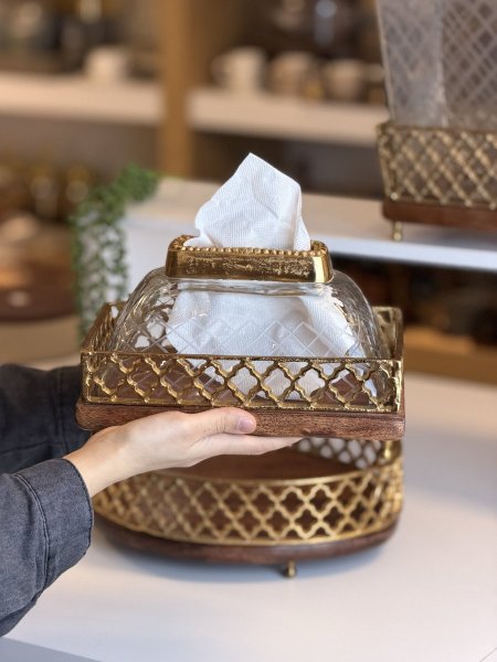 طقم سلة مع محارم خشب هندي مع زجاج مشبك