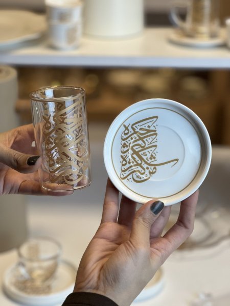 استكانة شاي دبل جلاس خط عربي مدهب عدد 6